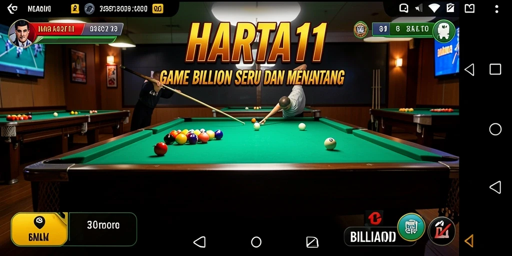 Tampilan utama HARTA11 menampilkan meja billiard yang menawan dan interaktif.